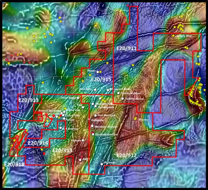 Murchison Project, Grey Scale 1st VD Magnetic Imagery over Coloured Gravity VD1 Imagery with Metallogenic Data.